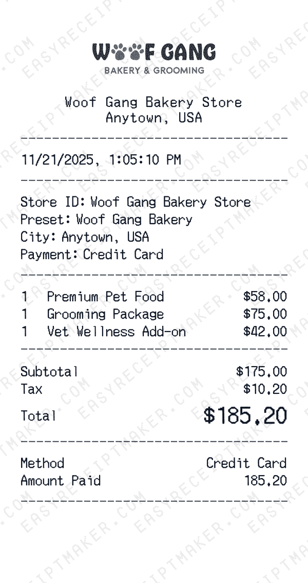 Woof Gang Bakery receipt preview