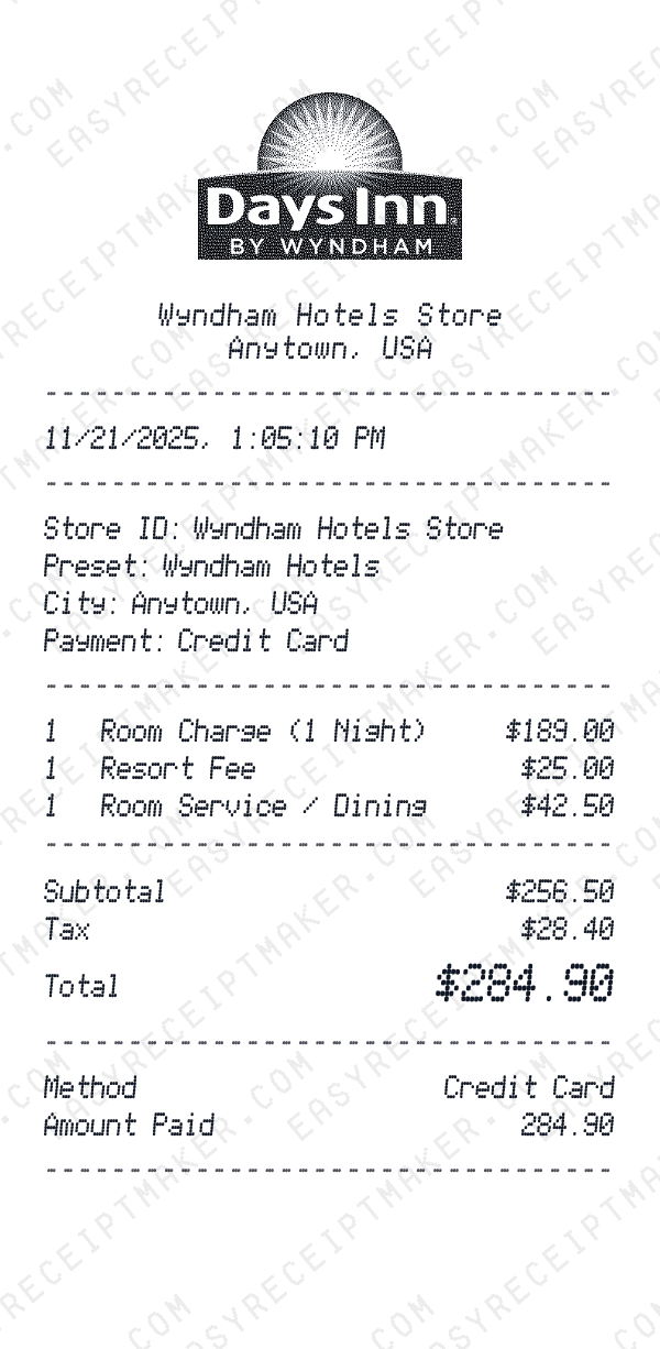 Wyndham Hotels receipt preview