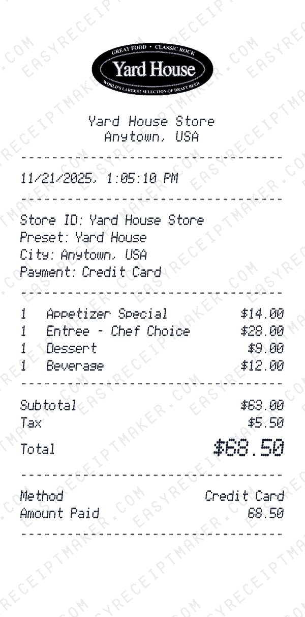 Yard House receipt preview