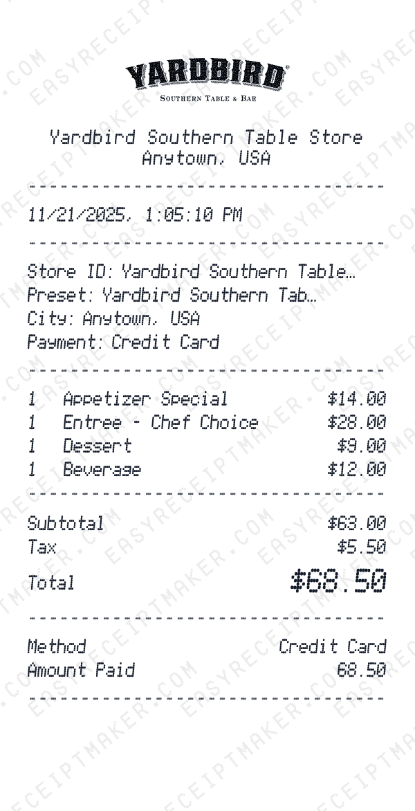Yardbird Southern Table receipt preview