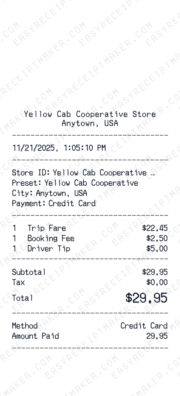 Yellow Cab Cooperative receipt preview