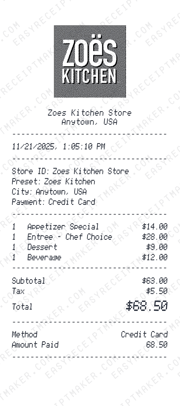 Zoes Kitchen receipt preview