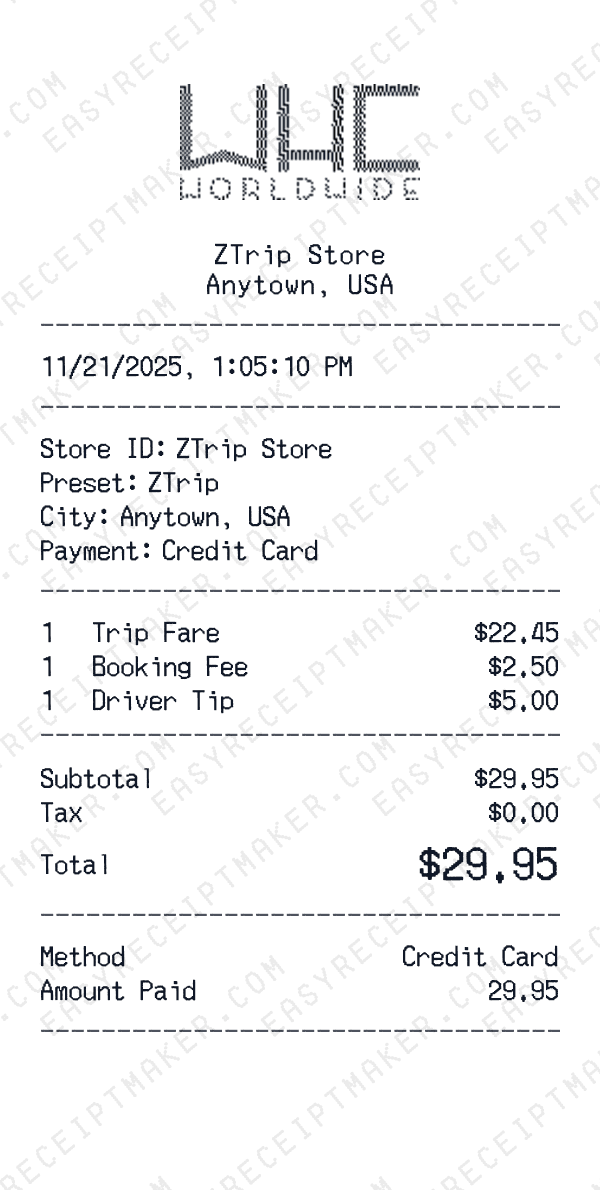 ZTrip receipt preview