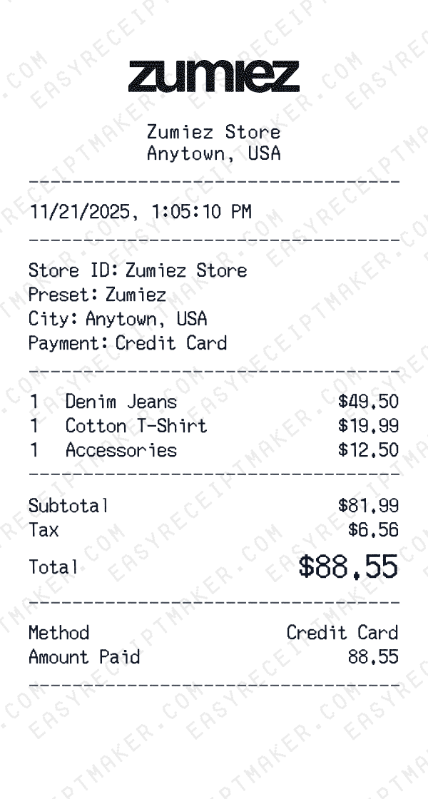 Zumiez receipt preview