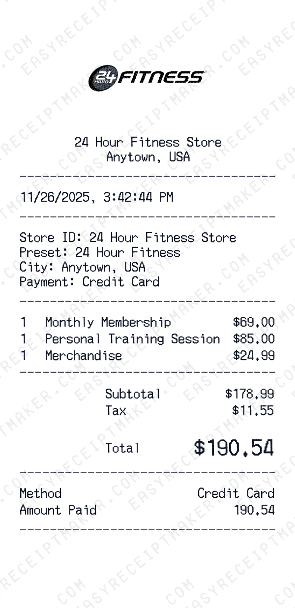 24 Hour Fitness receipt preview