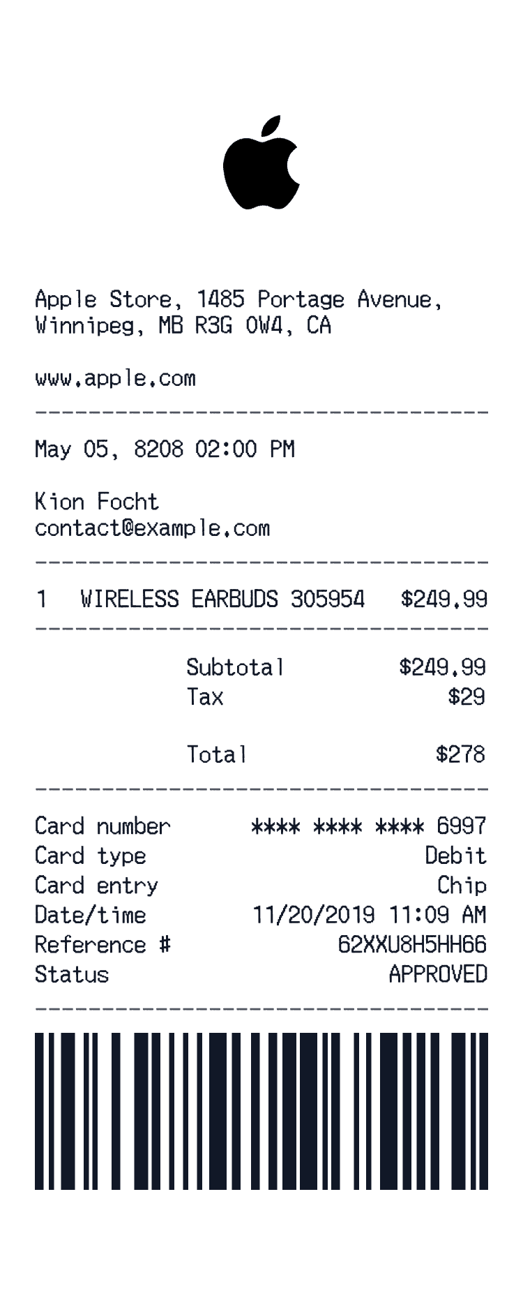 Apple Receipt example with AirPods Generation 3 and 3 more items preview