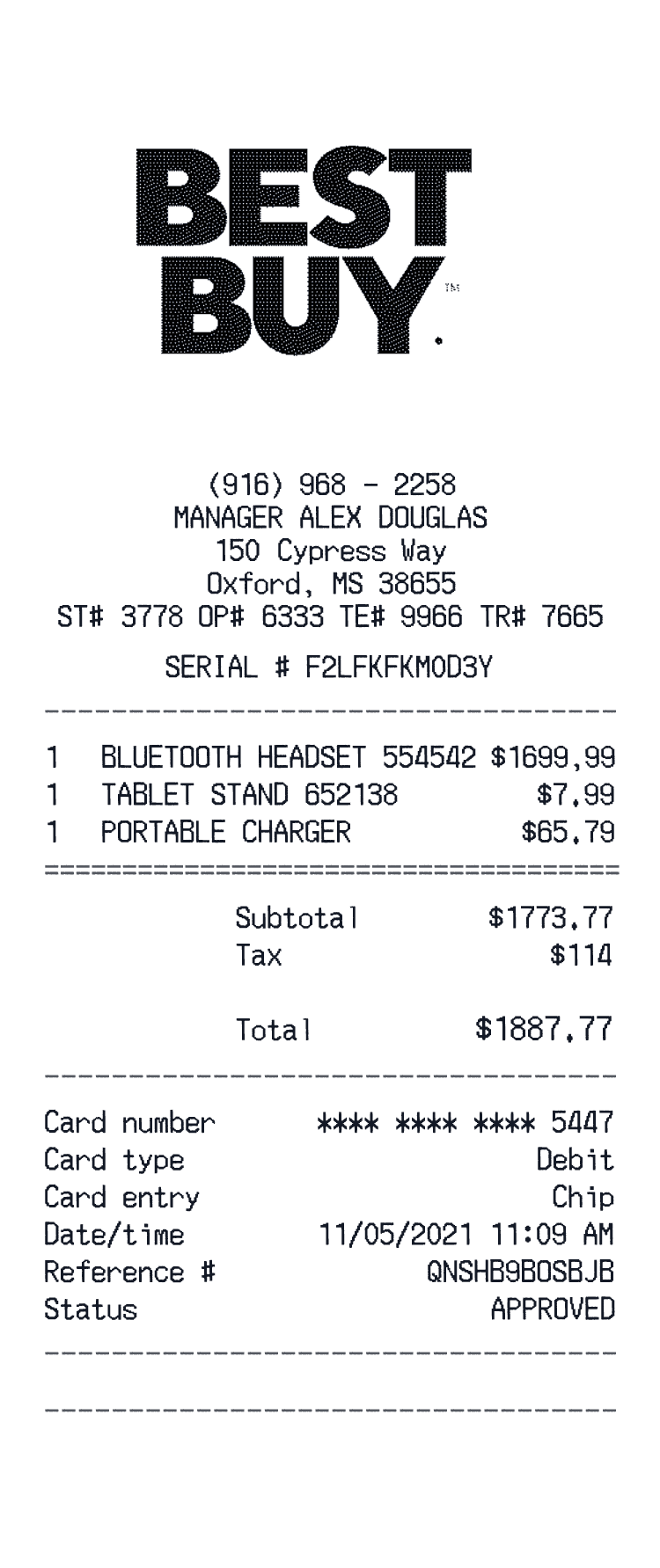 Best Buy Receipt example Camera Canon EF24-70mm f/2.8L II USM, Black USB wire, and Photo port case receipt preview