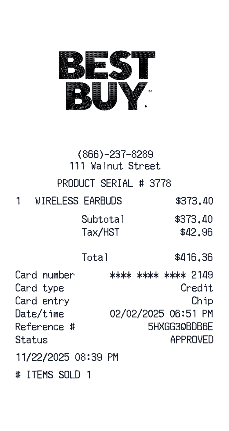 Best Buy Receipt example Sony WF1000XM5 In Ear Noise Cancelling True Wireless Earbuds Black for 373 dollars 40 cents with 42 dollars 96 cents tax preview