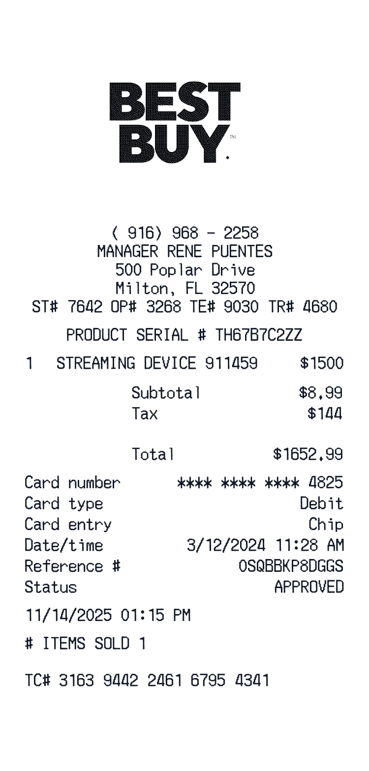 Best Buy Receipt example with Canon PowerShot G7 X Mark III, Total 1652 dollars 99 cents receipt preview