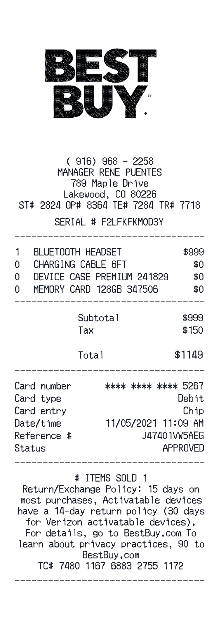 Best Buy Receipt example with Iphone 12 Pro Max 128Gb and 3 more items receipt preview