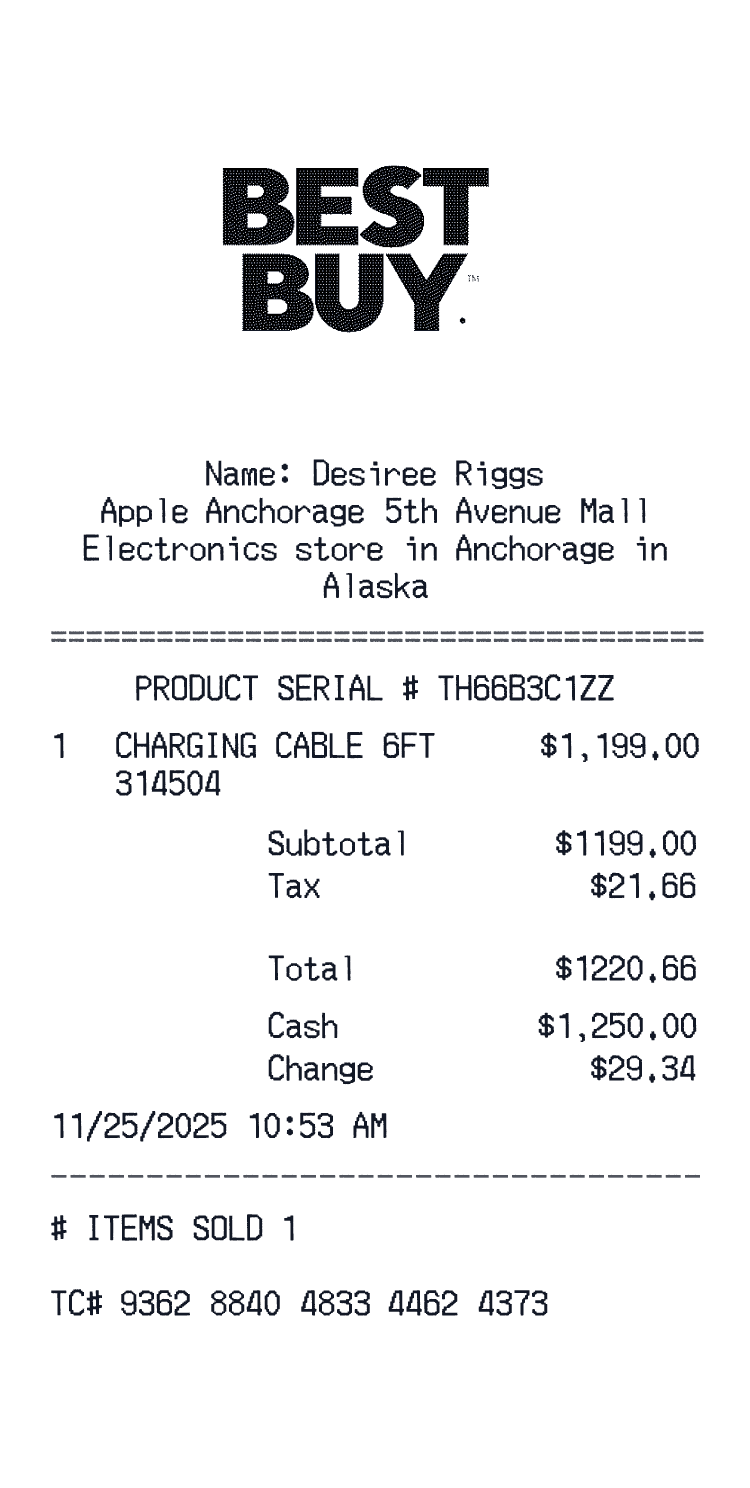 Best Buy Receipt example with Iphone 16 pro max total of 1220 dollars 66 cents preview