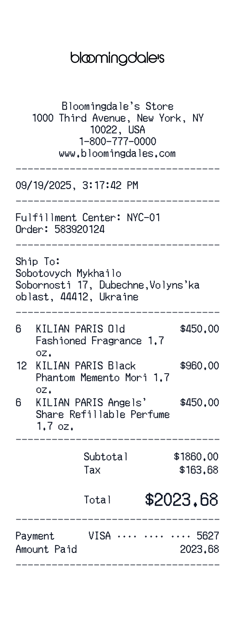 Bloomingdale's Receipt example receipt preview