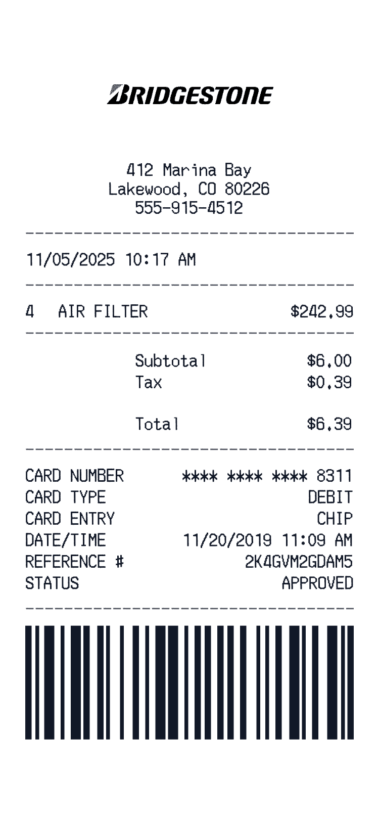 Bridgestone receipt example receipt preview