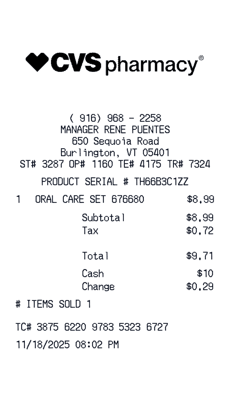 CVS Pharmacy Receipt example with Cleaning Wipes and 1 more item preview