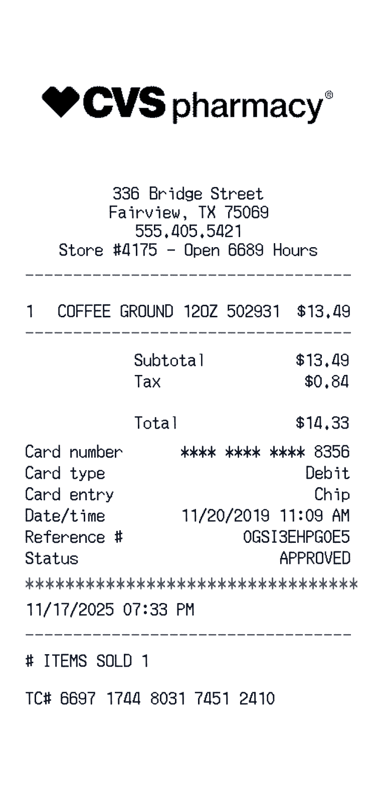 CVS Pharmacy Receipt example with Friskies Tasty Prime Fillets Assorted Cat Food and 1 more item preview
