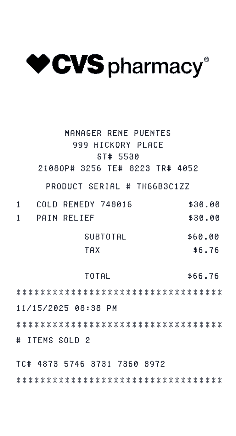 CVS Pharmacy Receipt example with Prescription and 1 more item preview