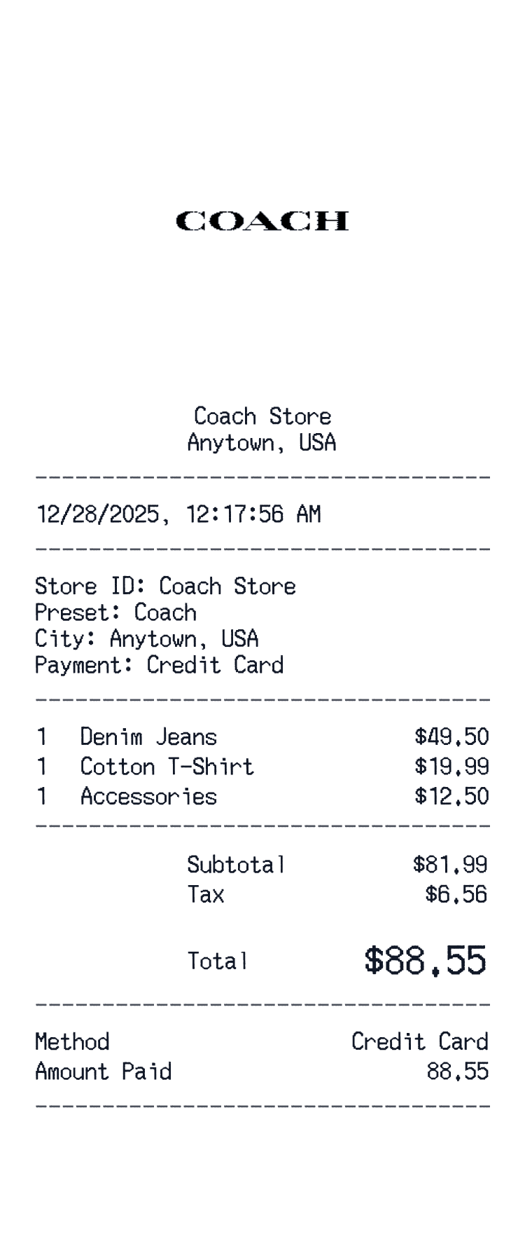 Coach Receipt example receipt preview