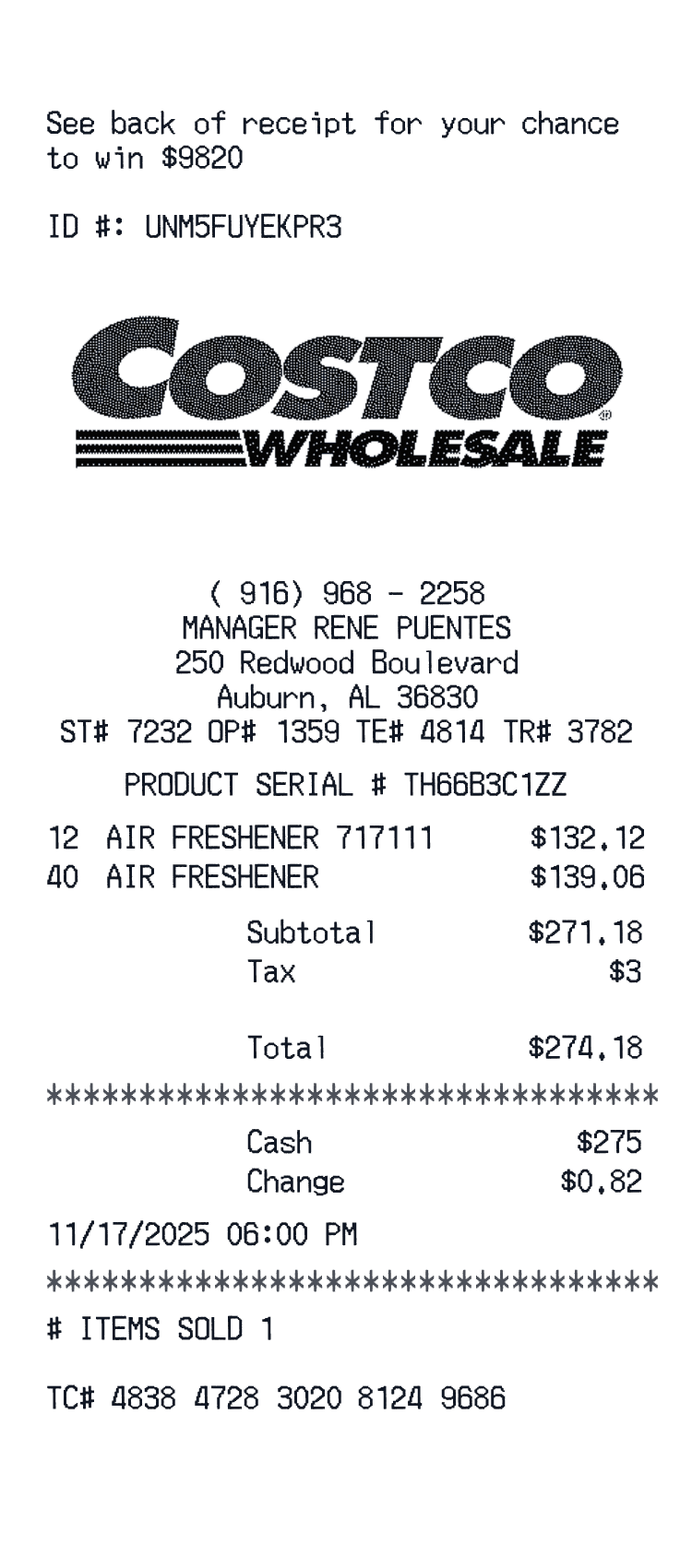 Costco Receipt example with Shampoo, Fancy Feast Gems and 2 more items receipt preview