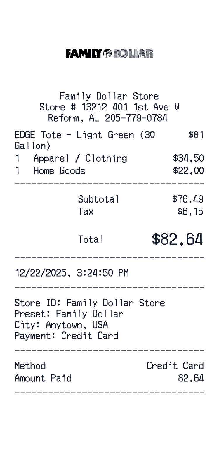 Family Dollar Receipt example receipt preview