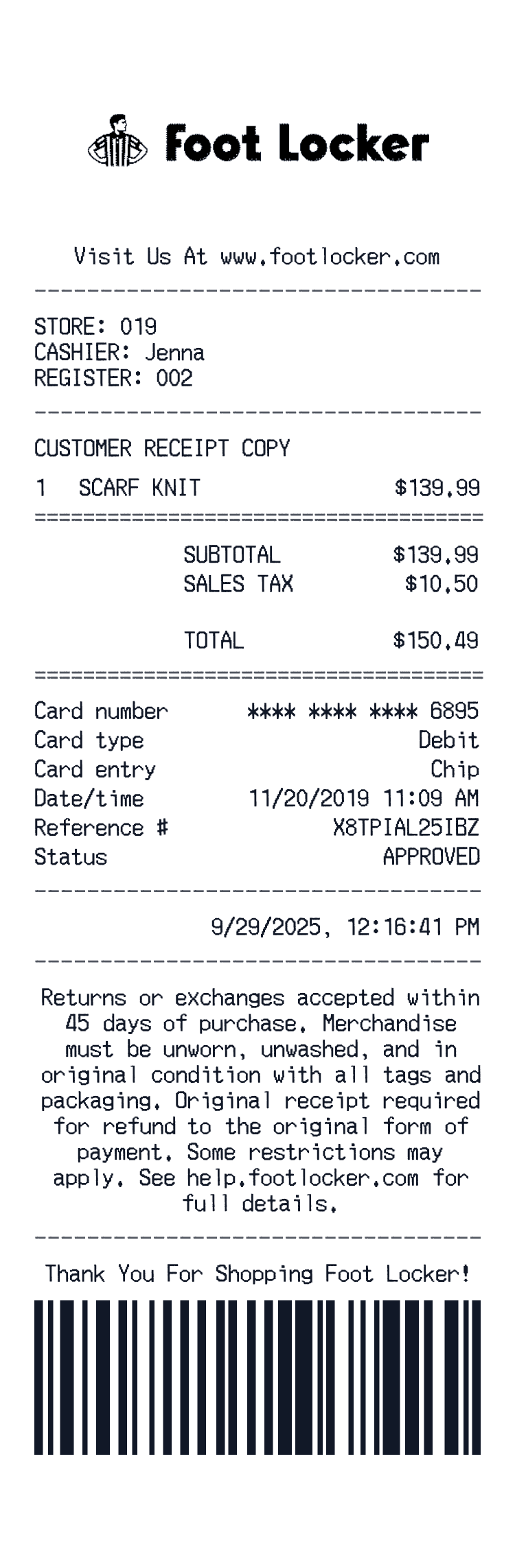 Foot Locker Receipt example receipt preview