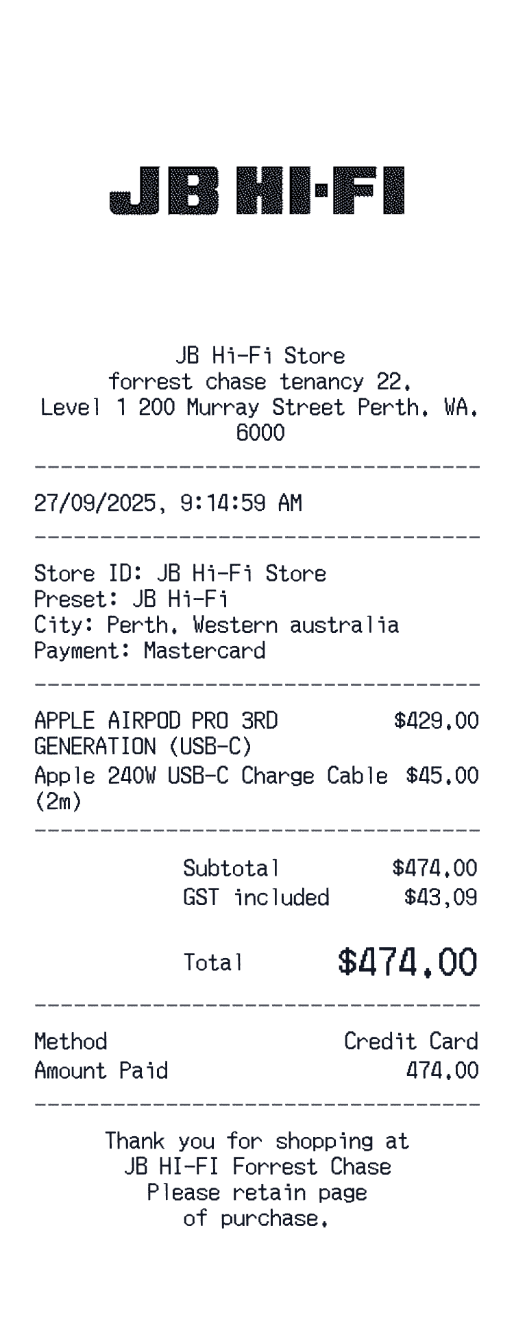JB Hi-Fi Receipt example receipt preview