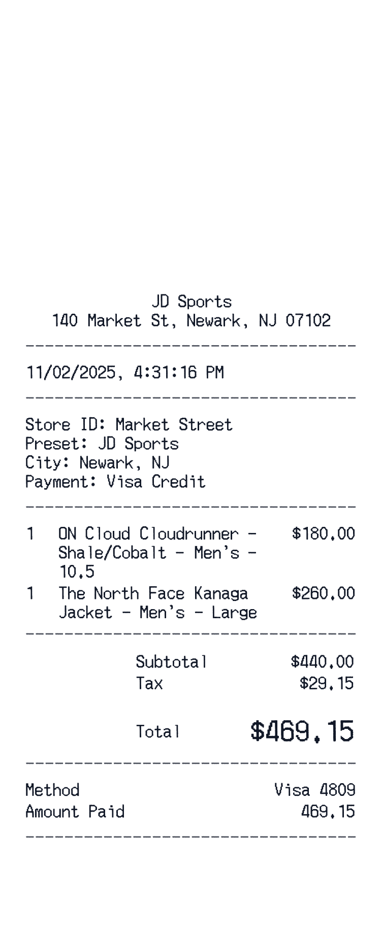 JD Sports Receipt example receipt preview