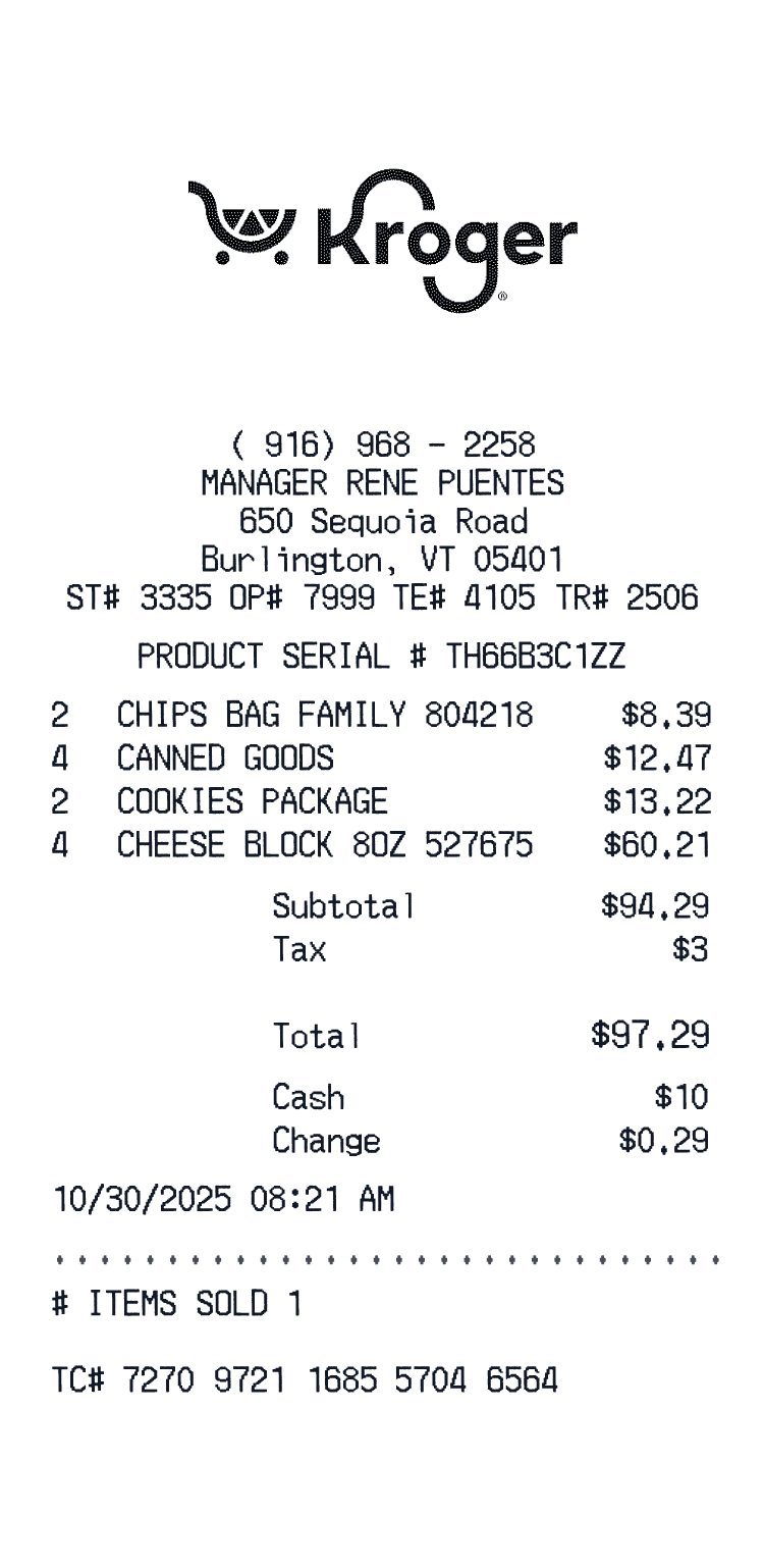Kroger Receipt example Steak, Rice Chex, Cheez-Its, Tide Rescue Laundry Stain, and BSN with 4 more items receipt preview