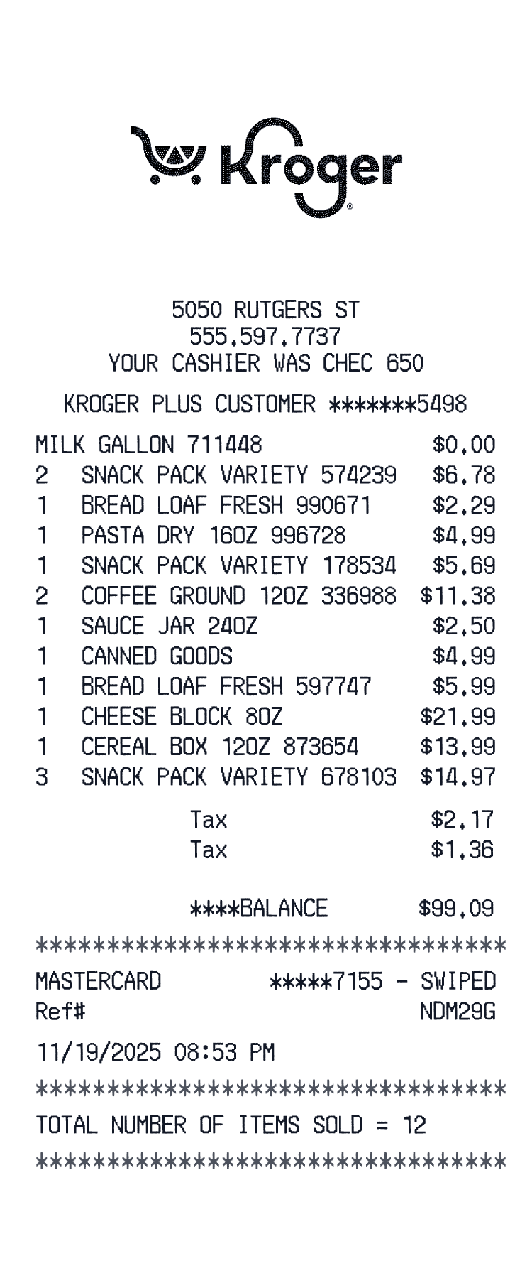 Kroger Receipt example with Apple Sauce Ramen Campho Phenique Liquid and 9 more items preview