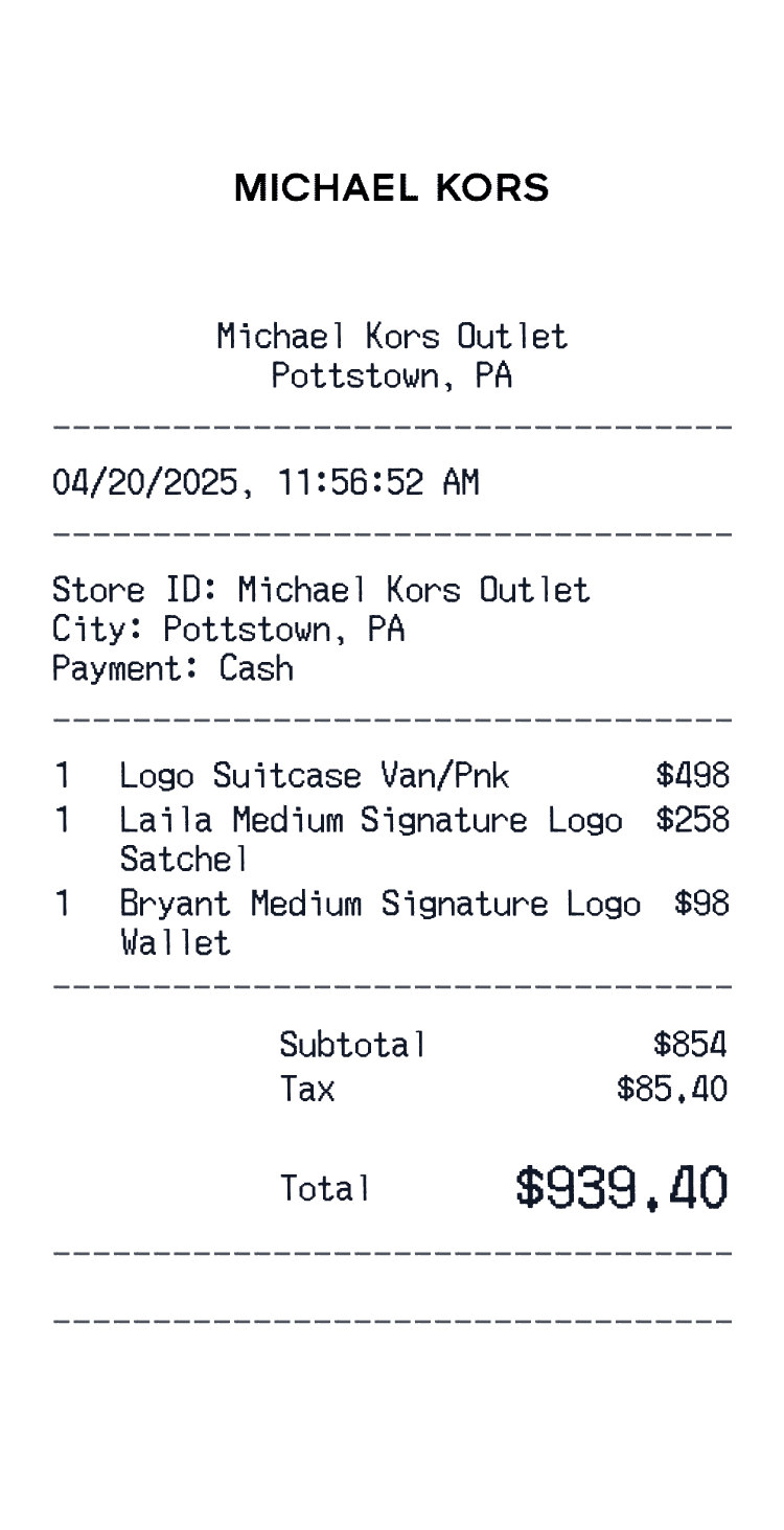 Michael Kors Receipt example receipt preview