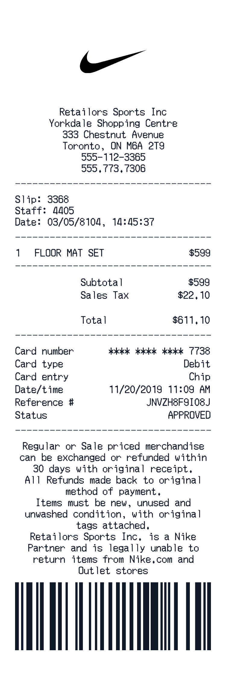 Nike Shoes Receipt example with Air Jordan Retro 4 Levis Debit card and 3 more items preview