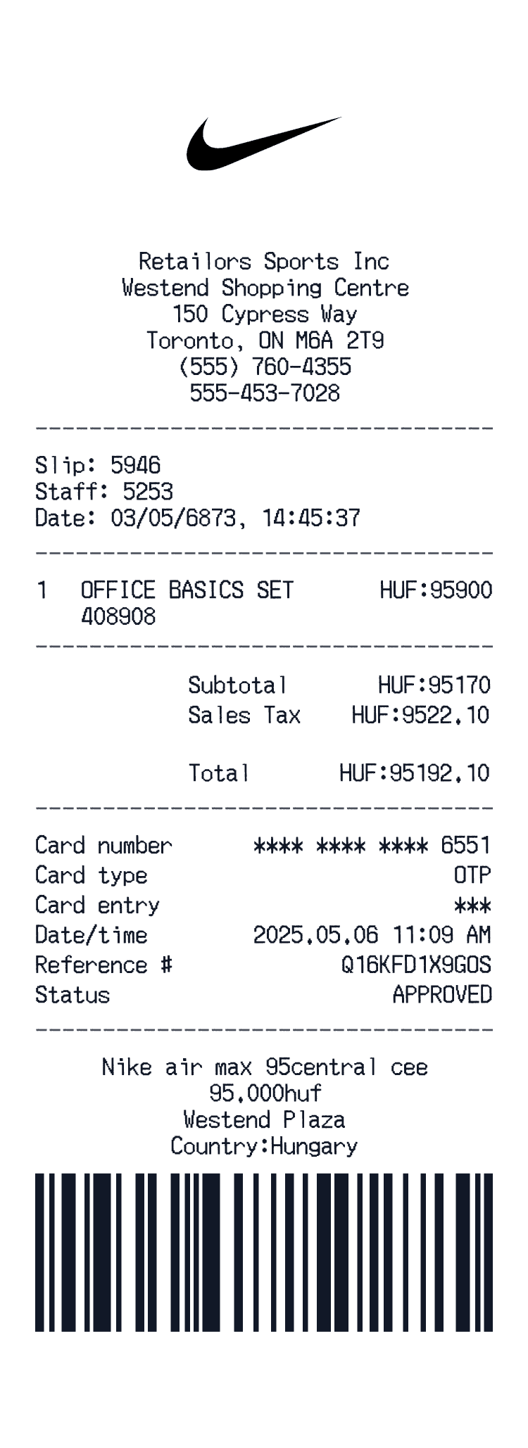 Nike Shoes Receipt example with Air max 95central cee Sales Tax and 3 more items preview