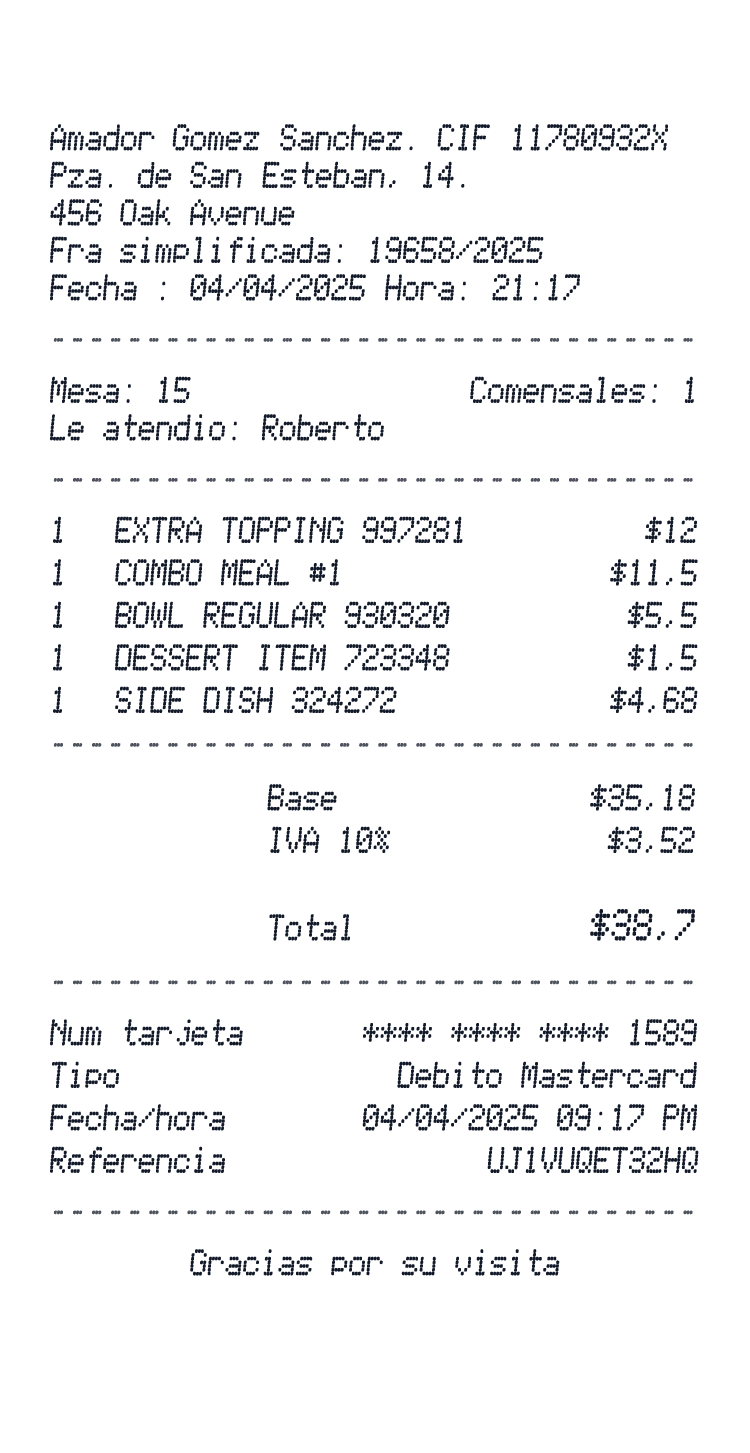 Restaurant Receipt example with Steak, Tap water and 3 more items receipt preview