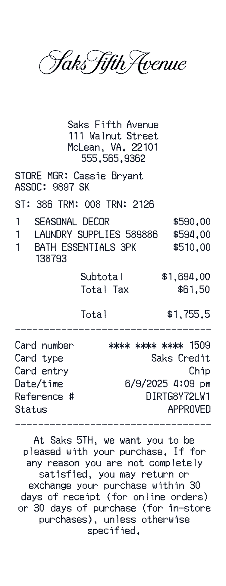 Saks Fifth Receipt example with Amiri Ma Eagle Shirt Amiri Vintage Crystal Tee and 1 more item preview