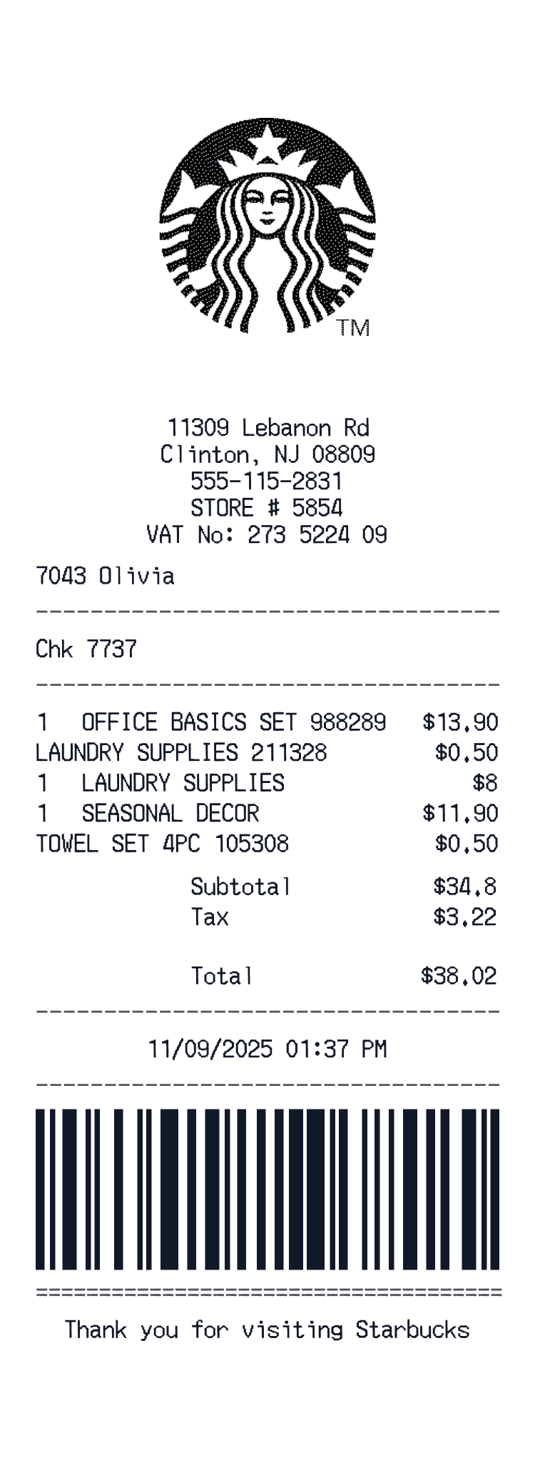 Starbucks Receipt example with Venti Mocha Latte Oat Milk and 3 more items preview
