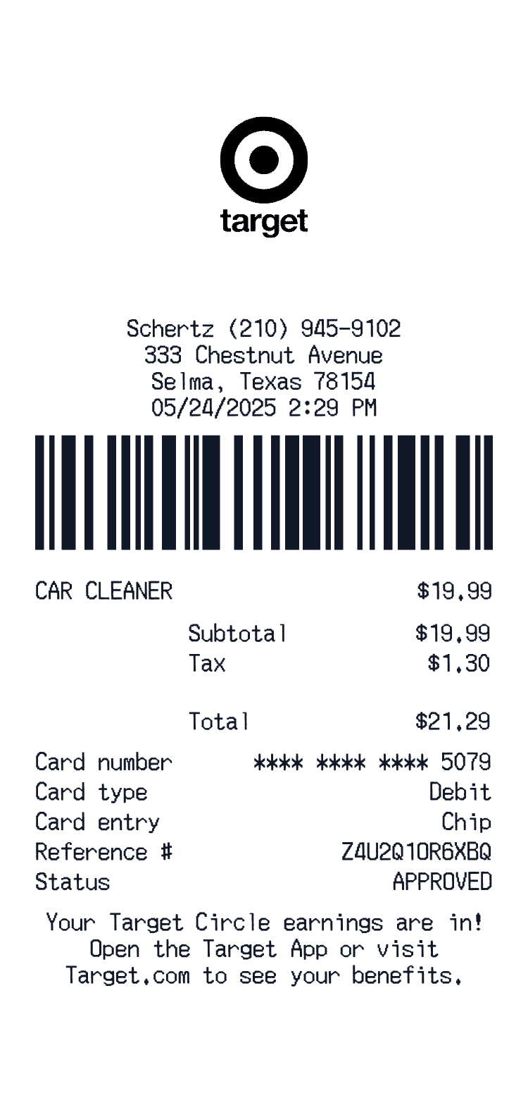 Target Receipt example with Lion Mints Debit Card and 3 more items preview