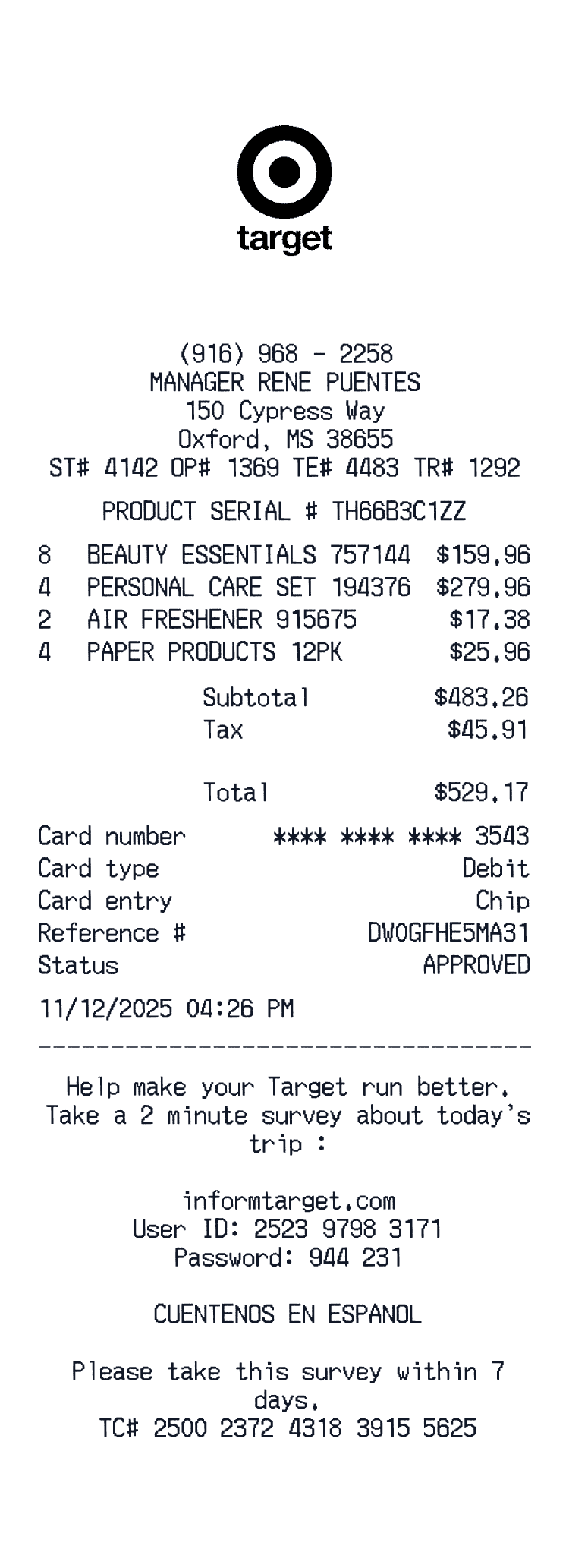 Target Receipt example with Sleeping Bag, Camping Tent and 2 more items receipt preview