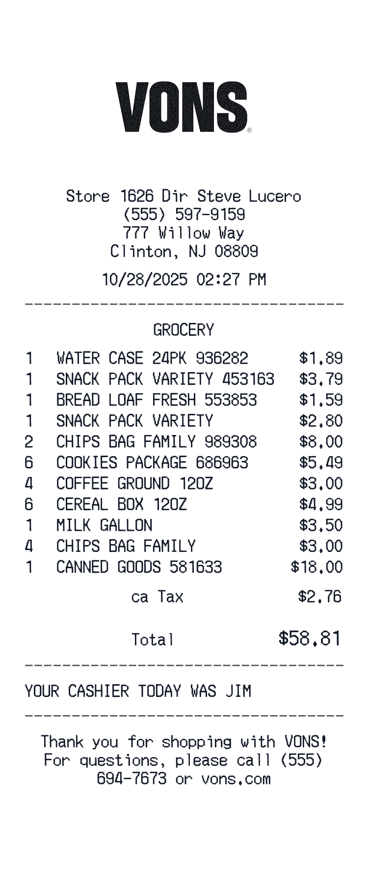 Vons Receipt example with Broccoli Cereal Honey Oats Penne Pasta Eggs Chicken Breast Toilet Paper Tomatoes Bottled Water Orange Juice Apples and Skyy Vodka preview