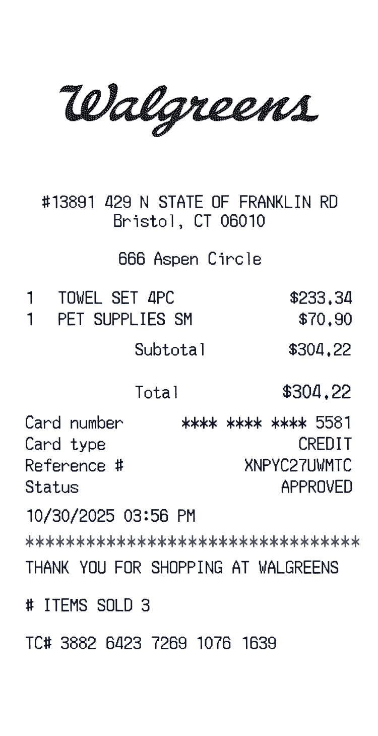Walgreens Receipt example with FSA RX 2378541 FSA RX 2378542 and 1 more items preview
