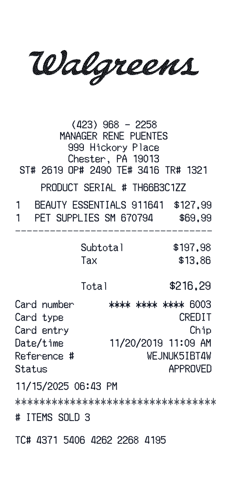 Walgreens Receipt example with Fluticasone Inhaler, Air Physio and 1 more items receipt preview
