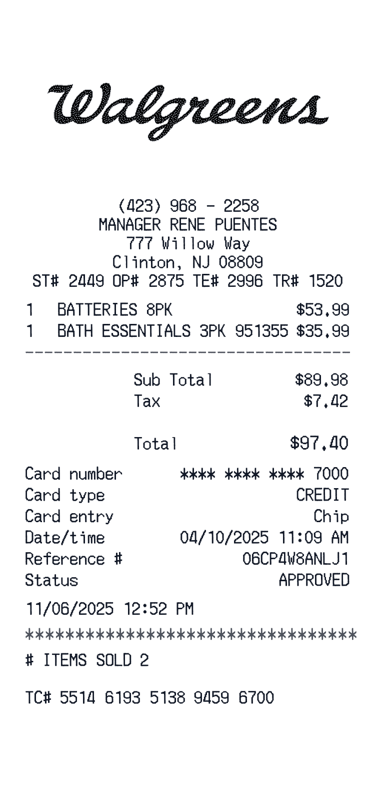 Walgreens Receipt example with Nicorette Inhaler Nicoderm and 2 more items preview