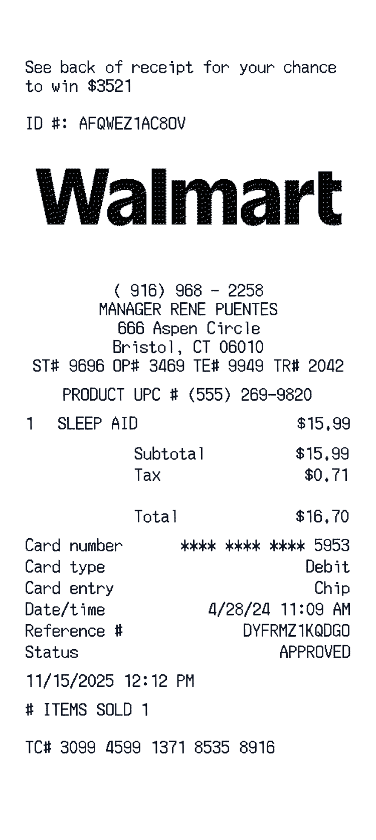 Walmart Receipt example with Blue Dental Bones Small 12oz and 1 more item receipt preview