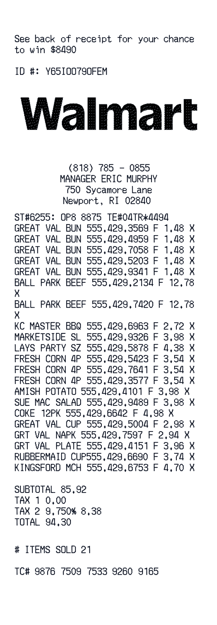 Walmart Receipt example with Grilled Beef, Sides and 19 more items receipt preview