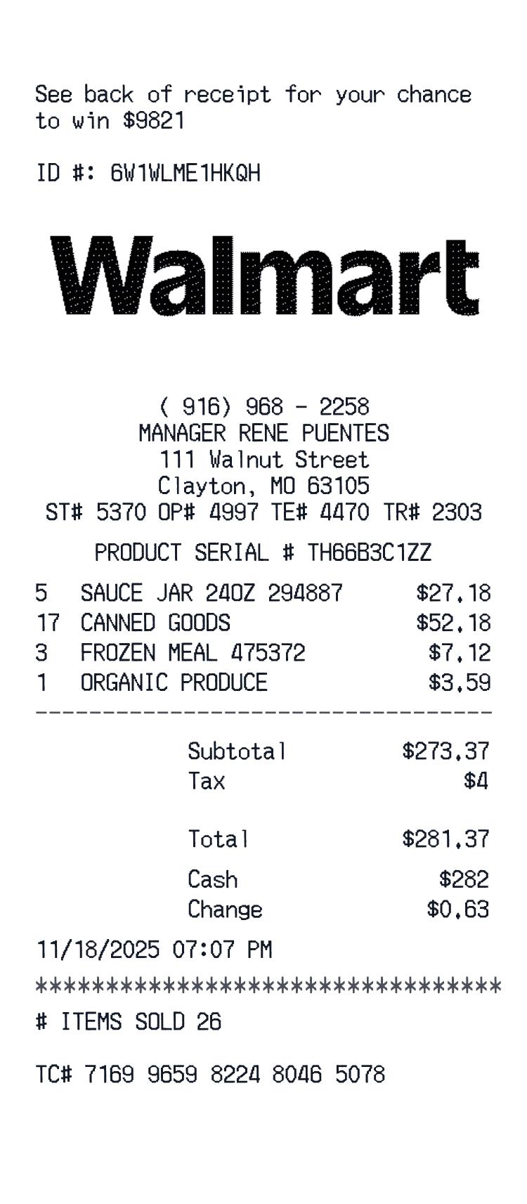 Walmart Receipt example with Tide Rescue Stain Remover, Shebe Wet Cat Food, and 2 more items receipt preview
