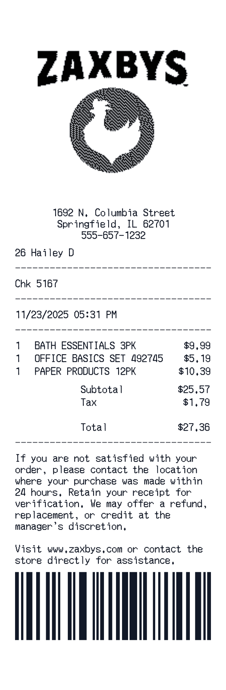 Zaxby's Receipt example with Wings and Sandwich and 3 more items preview