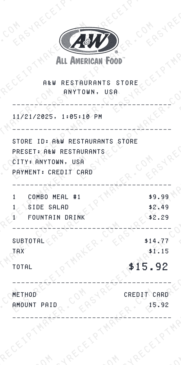 A&W Restaurants receipt preview