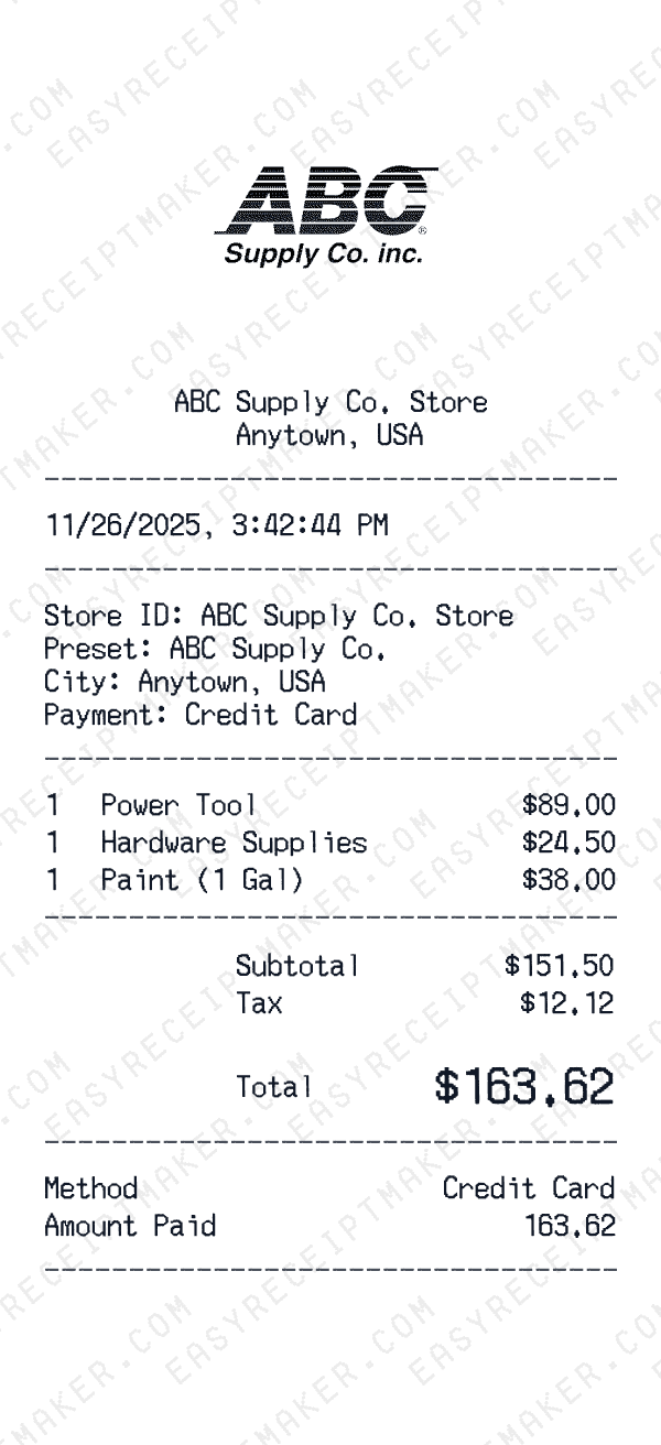 ABC Supply Co. receipt preview