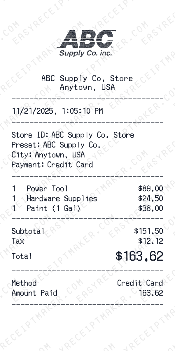 ABC Supply Co. receipt preview