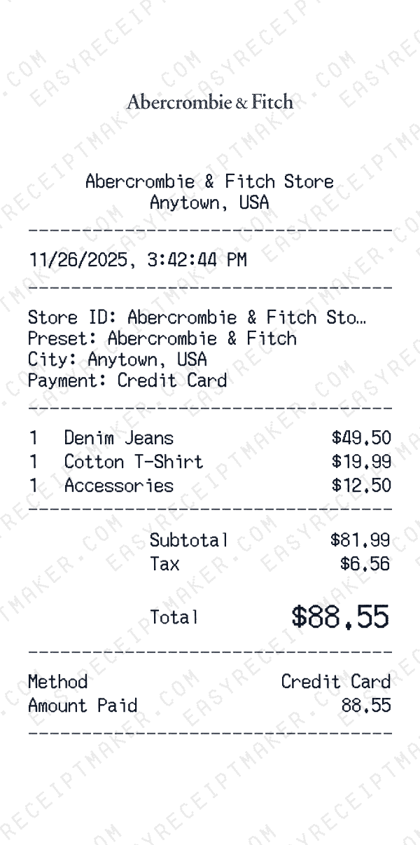 Abercrombie & Fitch receipt preview