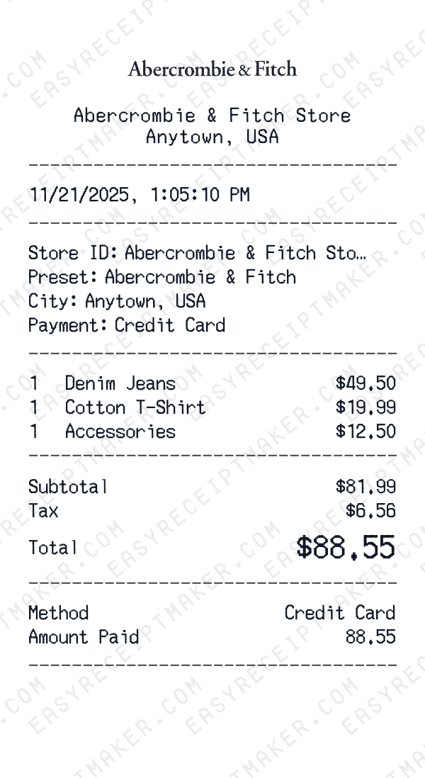 Abercrombie & Fitch receipt preview