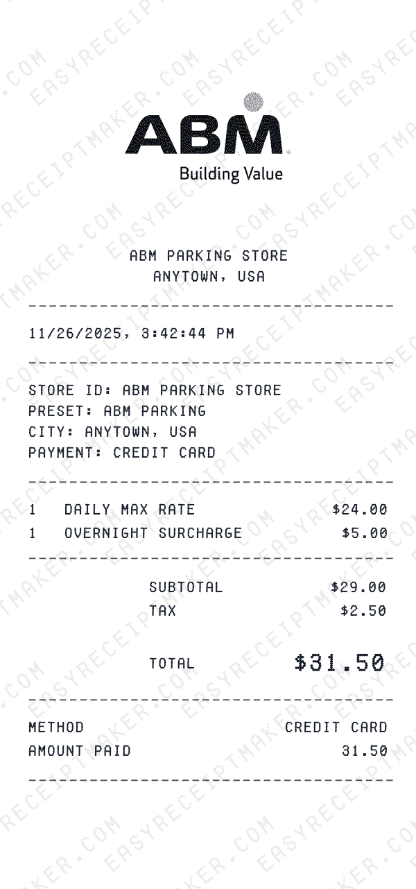 ABM Parking receipt preview